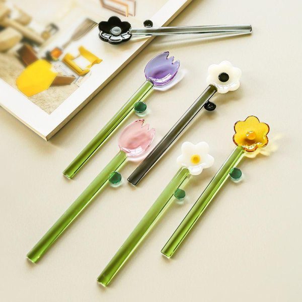 Cookware | Cute Solid Color Flower Glass Stirring Rod 1 Piece Sunflower Spoon (Yellow Spoon and Green Handle) Cookware Cookware