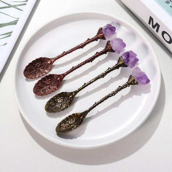 Cookware | Natural Amethyst Flower Decor Copper Creative Long Handle Spoon Amethyst Teeth Red Copper Cookware Amethyst Teeth Red Copper