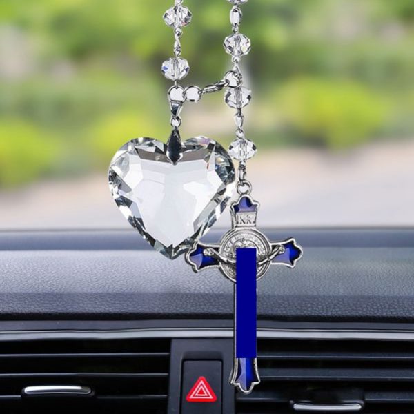 Wall Art | Simple Clear Heart Shaped Crystal Alloy Blue Enameled Cross Car Interior Charms Crystal Cross Pendant Home Decor Crystal Cross Pendant